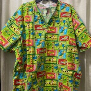 3X Neon Christmas dogs deck the halls and fa la la short sleeve scrub top